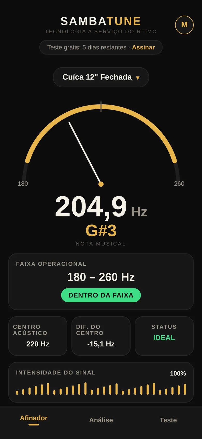 SambaTune lendo 204,9 Hz numa cuíca 12 polegadas fechada: dentro da faixa operacional